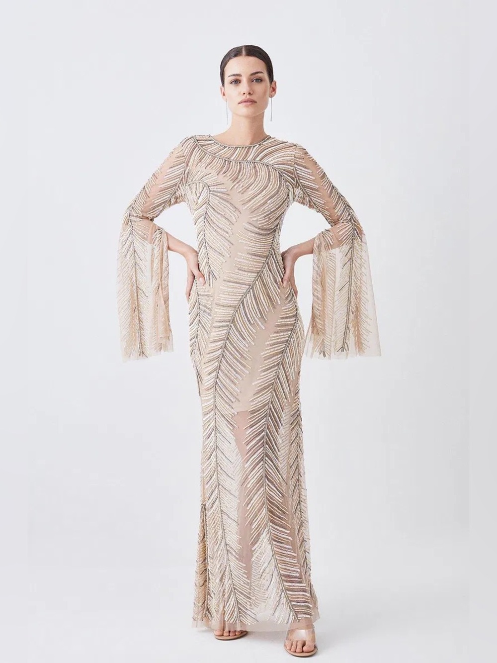 Karen Millen Nude sequin embellished maxi dress long sleeve, lined size 4 NEW - Picture 2 of 5